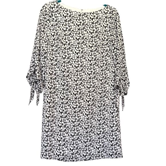 Tahari White & Black Patterned A-line Mini Dress 3/4 Sleeves Tie Detail Size 2 - Picture 1 of 9